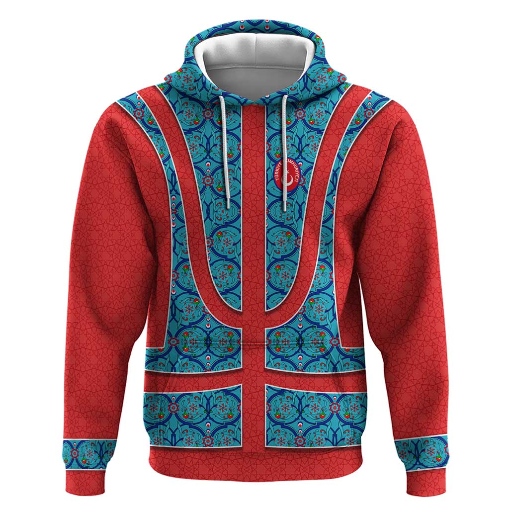 Blue Turkish Traditional Pattern and Red Hoodie with National Flag Emblem