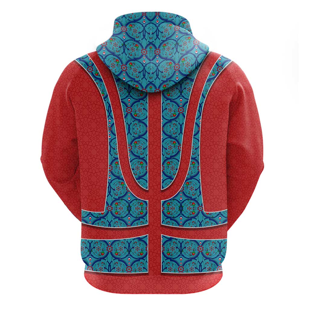 Blue Turkish Traditional Pattern and Red Hoodie with National Flag Emblem
