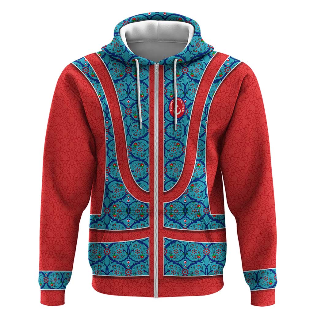 Blue Turkish Traditional Pattern and Red Hoodie with National Flag Emblem