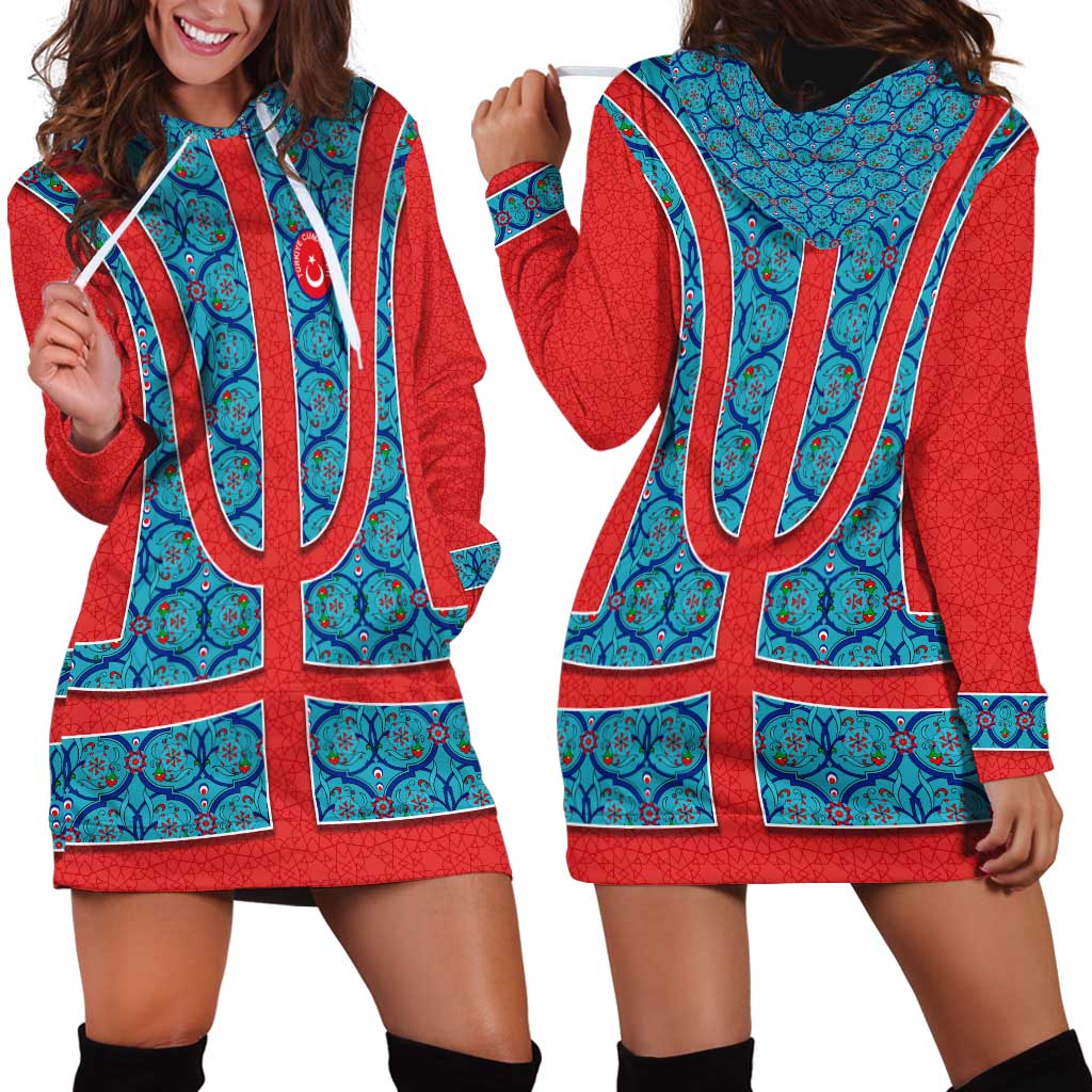 Blue Turkish Traditional Pattern and Red Hoodie Dress with National Flag Emblem