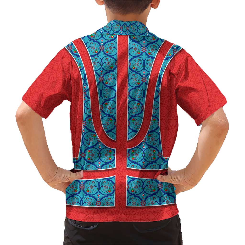 Blue Turkish Traditional Pattern and Red Kid Hawaiian Shirt with National Flag Emblem