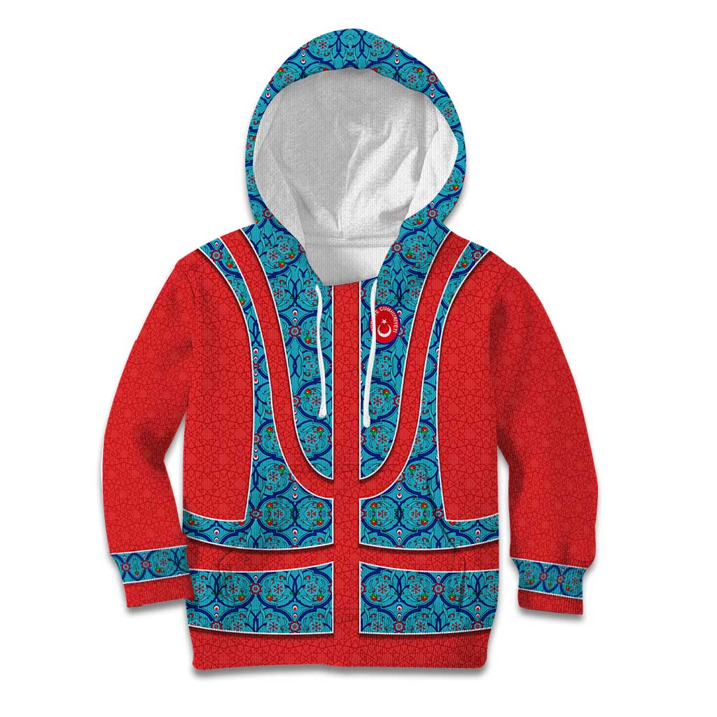 Blue Turkish Traditional Pattern and Red Kid Hoodie with National Flag Emblem