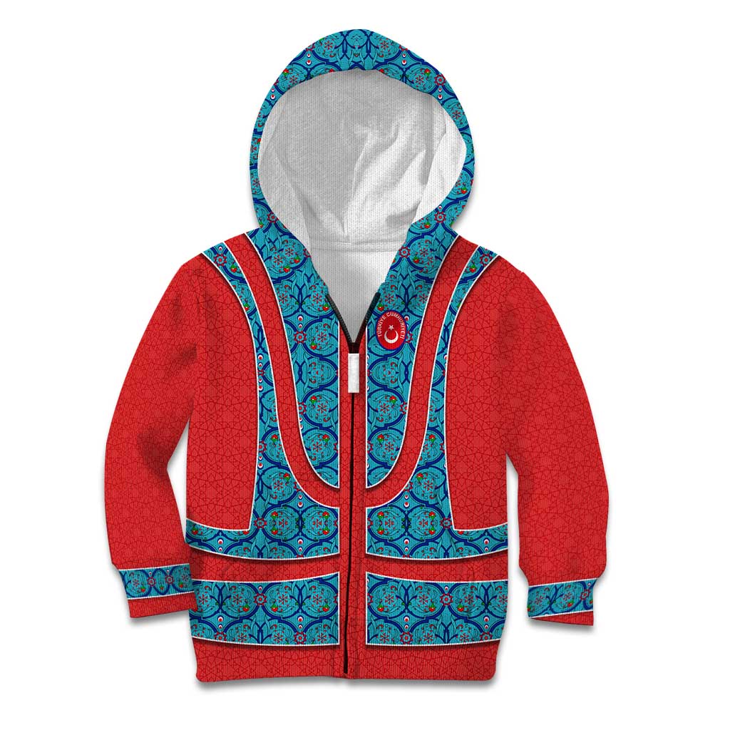 Blue Turkish Traditional Pattern and Red Kid Hoodie with National Flag Emblem