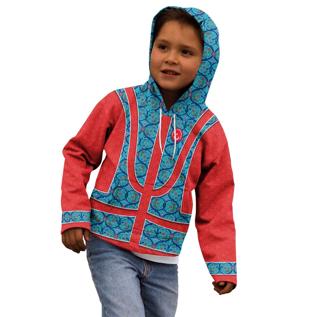 Blue Turkish Traditional Pattern and Red Kid Hoodie with National Flag Emblem