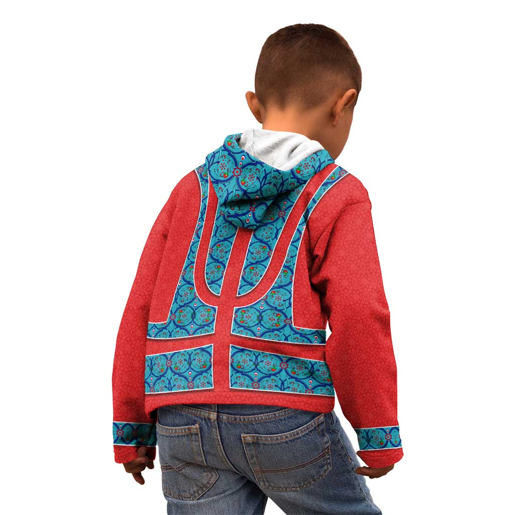 Blue Turkish Traditional Pattern and Red Kid Hoodie with National Flag Emblem