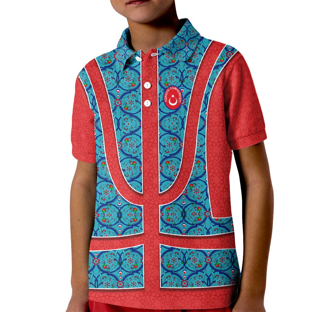 Blue Turkish Traditional Pattern and Red Kid Polo Shirt with National Flag Emblem