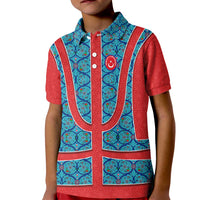 Blue Turkish Traditional Pattern and Red Kid Polo Shirt with National Flag Emblem