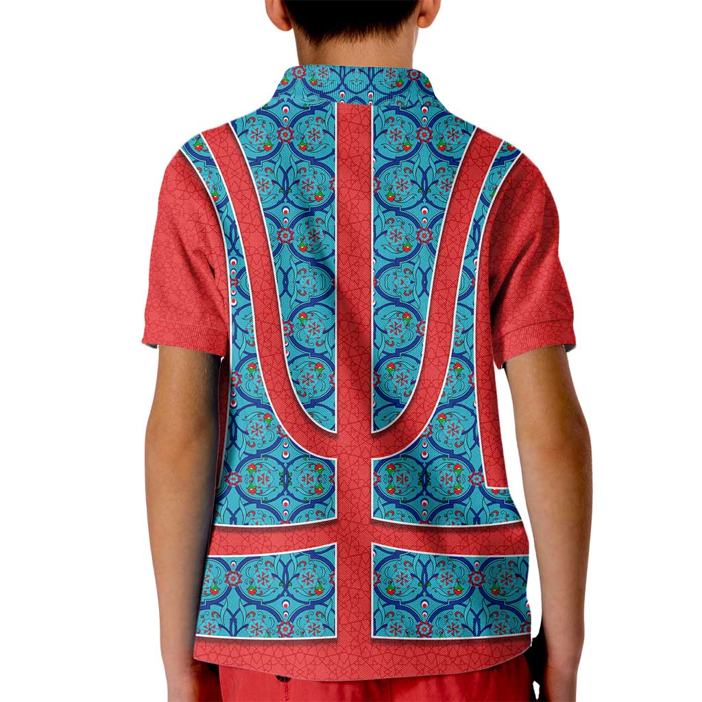 Blue Turkish Traditional Pattern and Red Kid Polo Shirt with National Flag Emblem