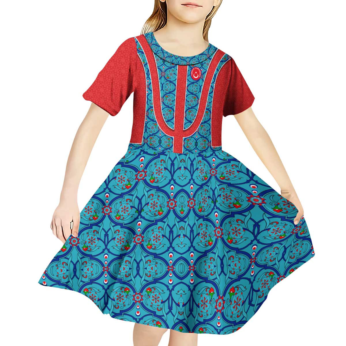 Blue Turkish Traditional Pattern and Red Kid Short Sleeve Dress with National Flag Emblem