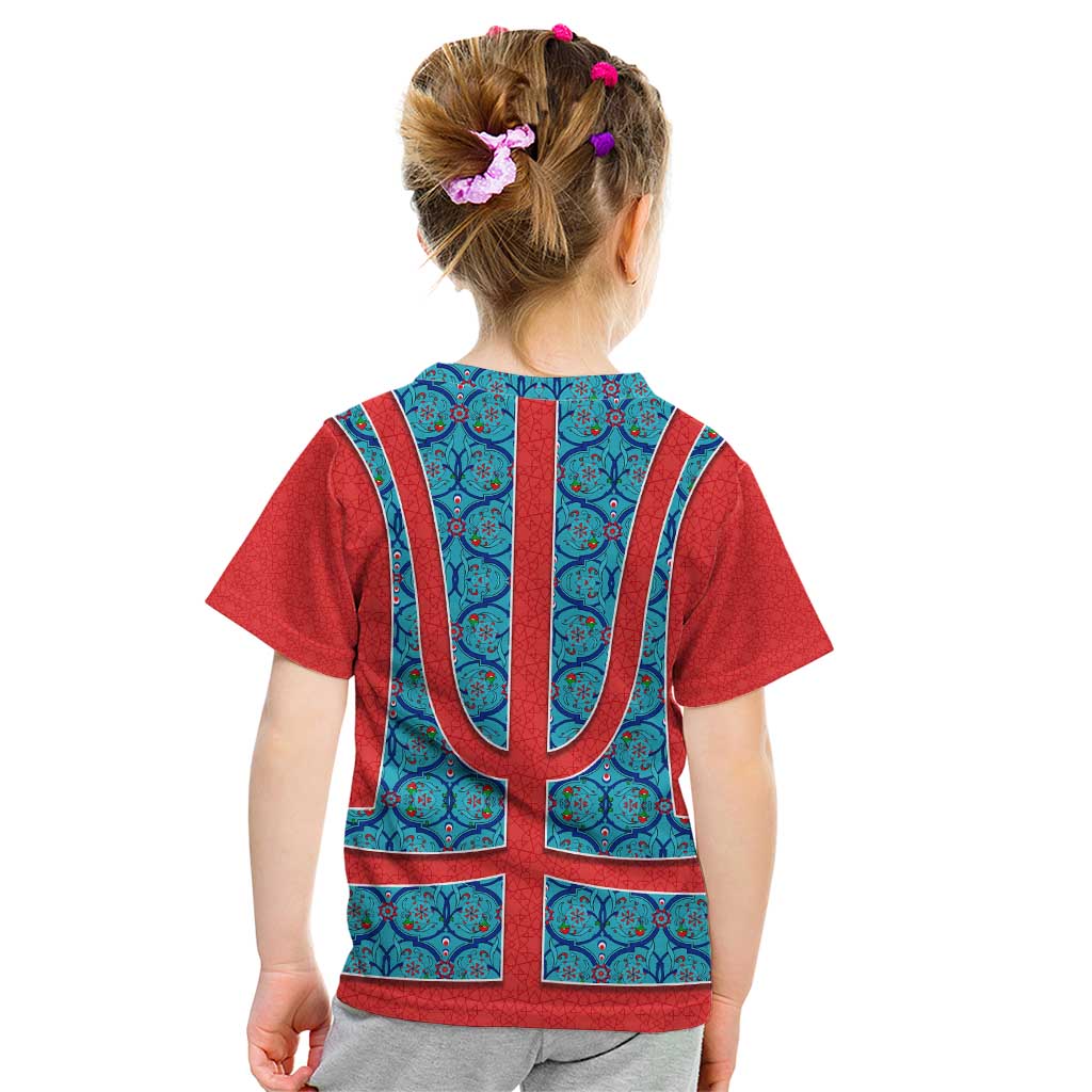 Blue Turkish Traditional Pattern and Red Kid T Shirt with National Flag Emblem