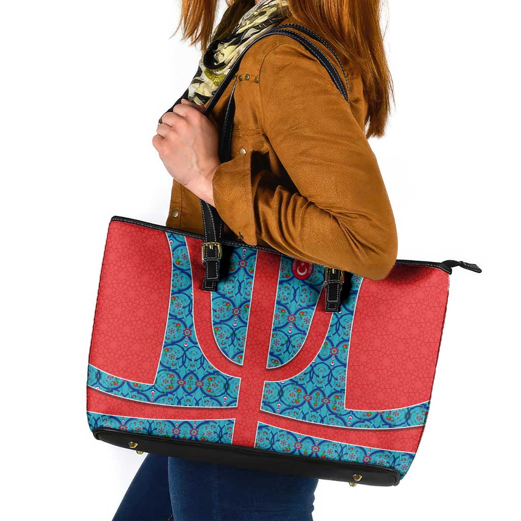 Blue Turkish Traditional Pattern and Red Leather Tote Bag with National Flag Emblem