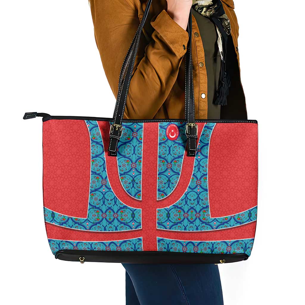 Blue Turkish Traditional Pattern and Red Leather Tote Bag with National Flag Emblem