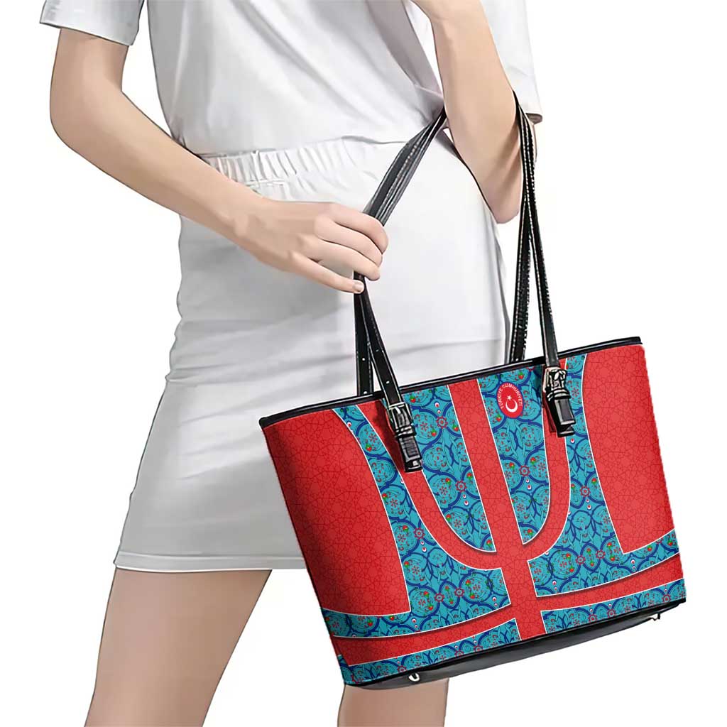 Blue Turkish Traditional Pattern and Red Leather Tote Bag with National Flag Emblem
