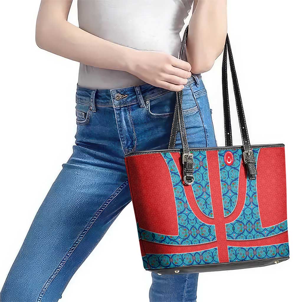 Blue Turkish Traditional Pattern and Red Leather Tote Bag with National Flag Emblem