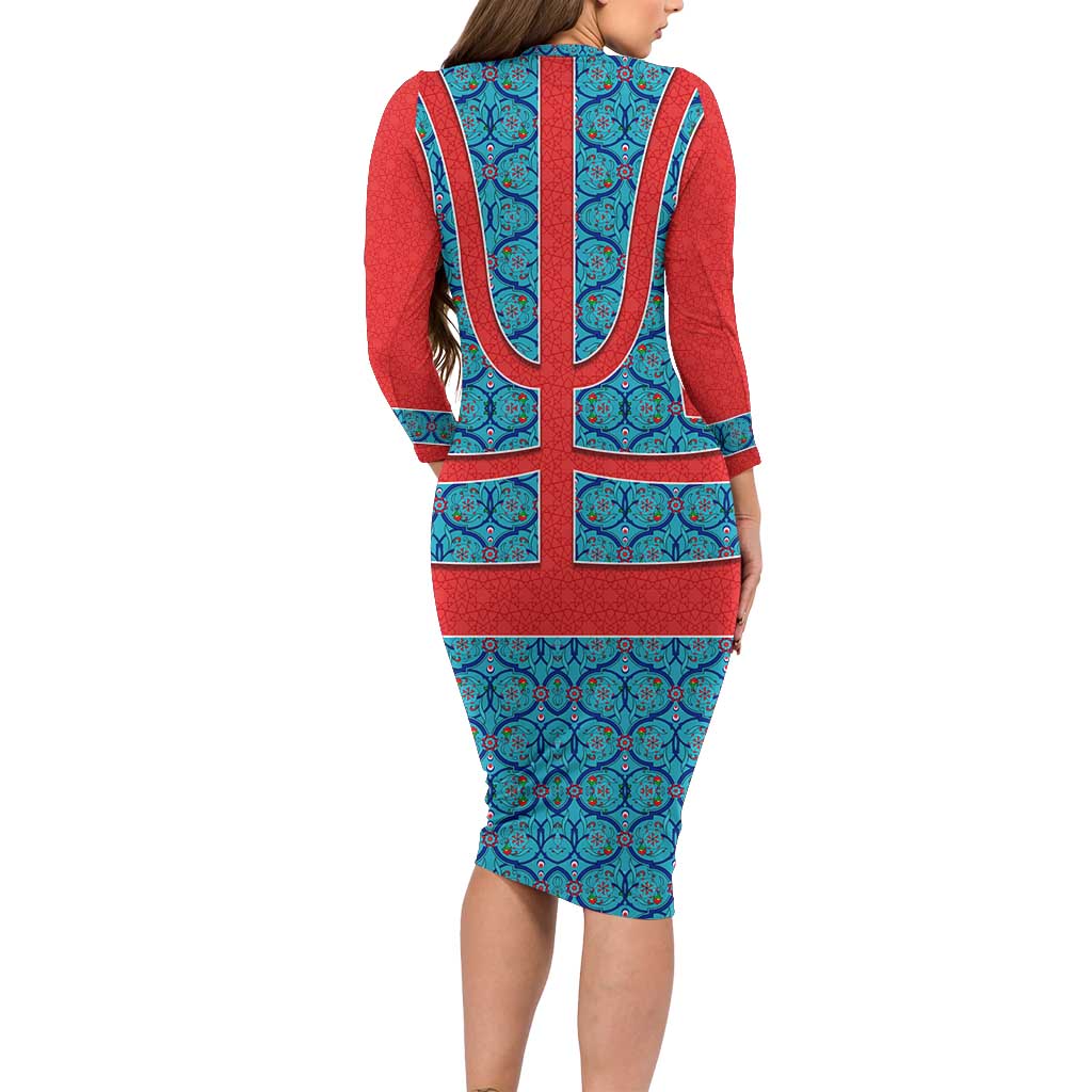 Blue Turkish Traditional Pattern and Red Long Sleeve Bodycon Dress with National Flag Emblem