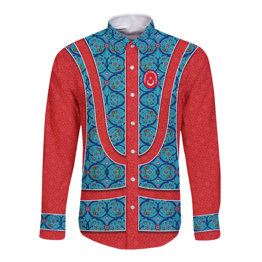 Blue Turkish Traditional Pattern and Red Long Sleeve Button Shirt with National Flag Emblem