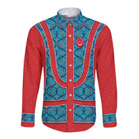 Blue Turkish Traditional Pattern and Red Long Sleeve Button Shirt with National Flag Emblem