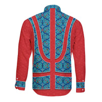 Blue Turkish Traditional Pattern and Red Long Sleeve Button Shirt with National Flag Emblem