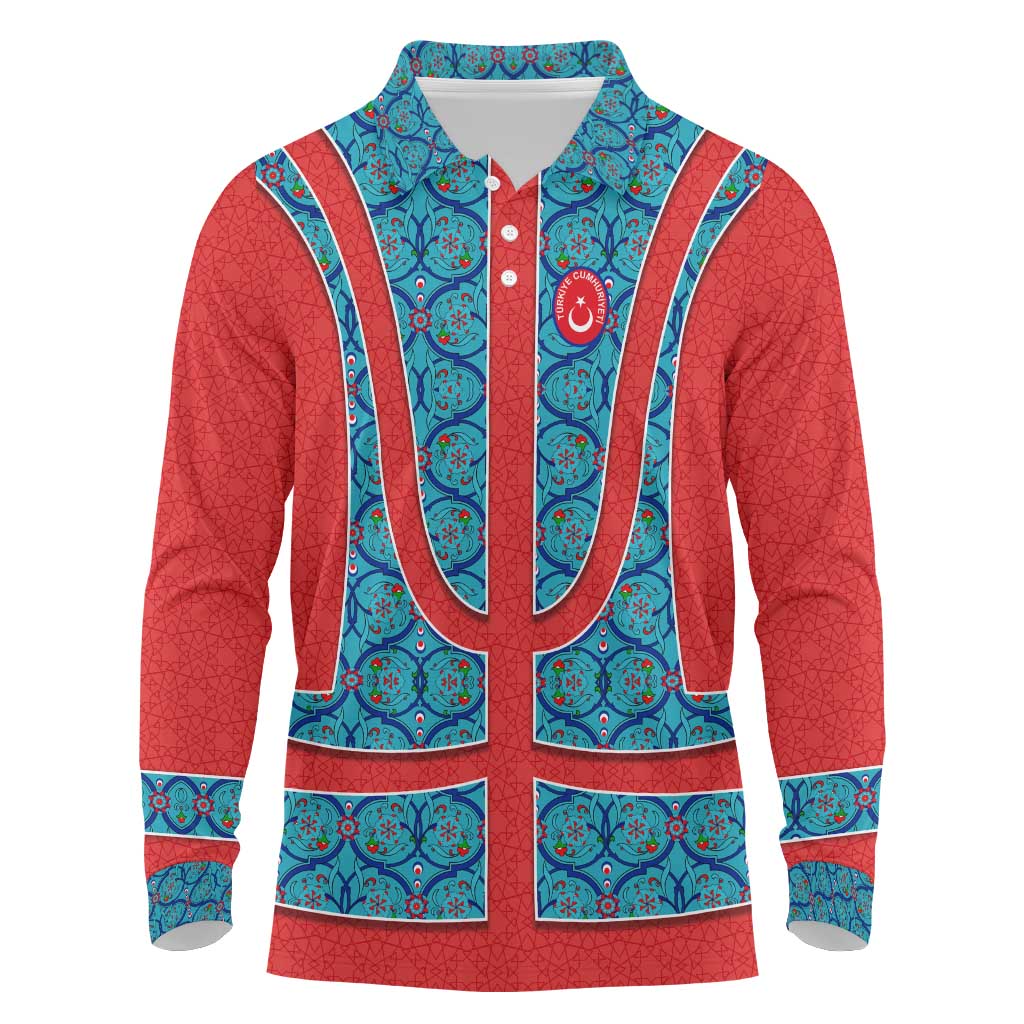 Blue Turkish Traditional Pattern and Red Long Sleeve Polo Shirt with National Flag Emblem