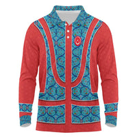 Blue Turkish Traditional Pattern and Red Long Sleeve Polo Shirt with National Flag Emblem