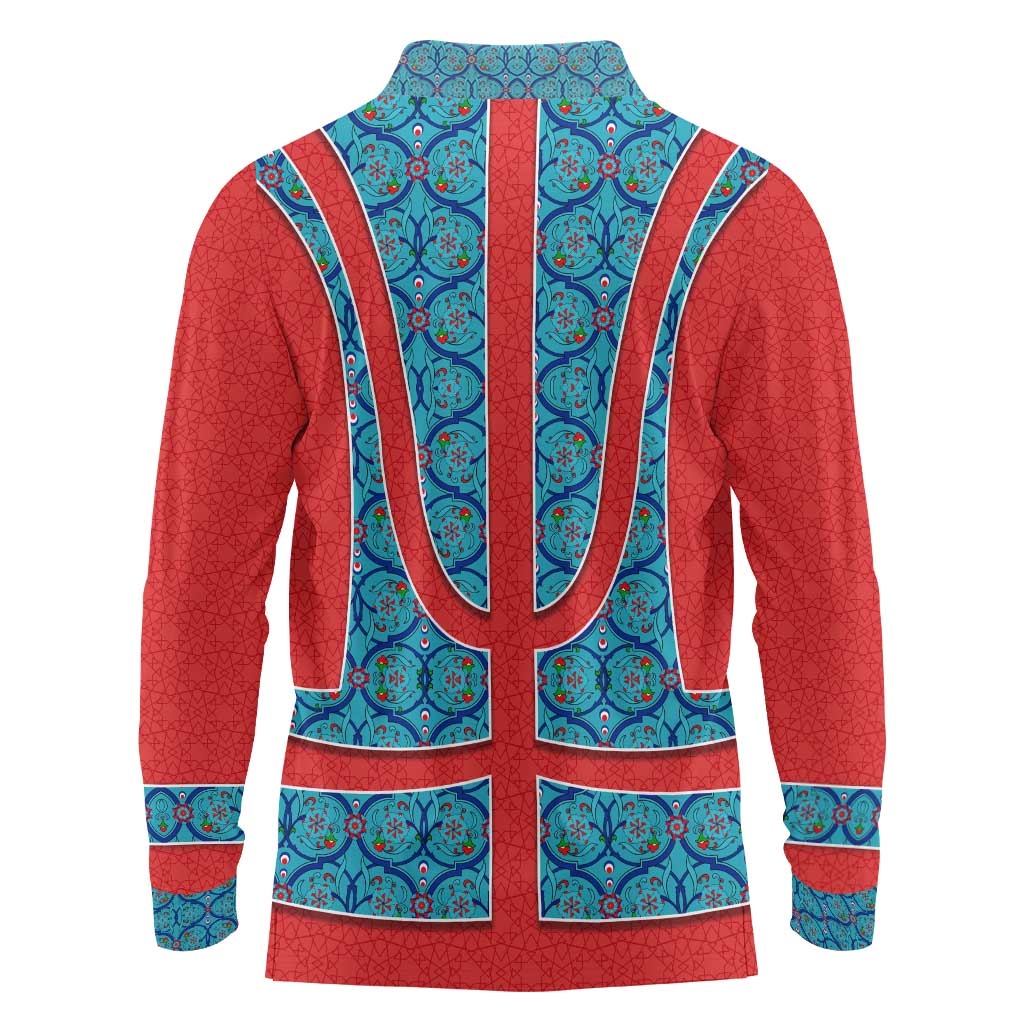 Blue Turkish Traditional Pattern and Red Long Sleeve Polo Shirt with National Flag Emblem