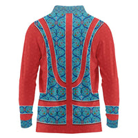 Blue Turkish Traditional Pattern and Red Long Sleeve Polo Shirt with National Flag Emblem
