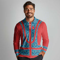 Blue Turkish Traditional Pattern and Red Long Sleeve Polo Shirt with National Flag Emblem