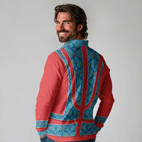 Blue Turkish Traditional Pattern and Red Long Sleeve Polo Shirt with National Flag Emblem