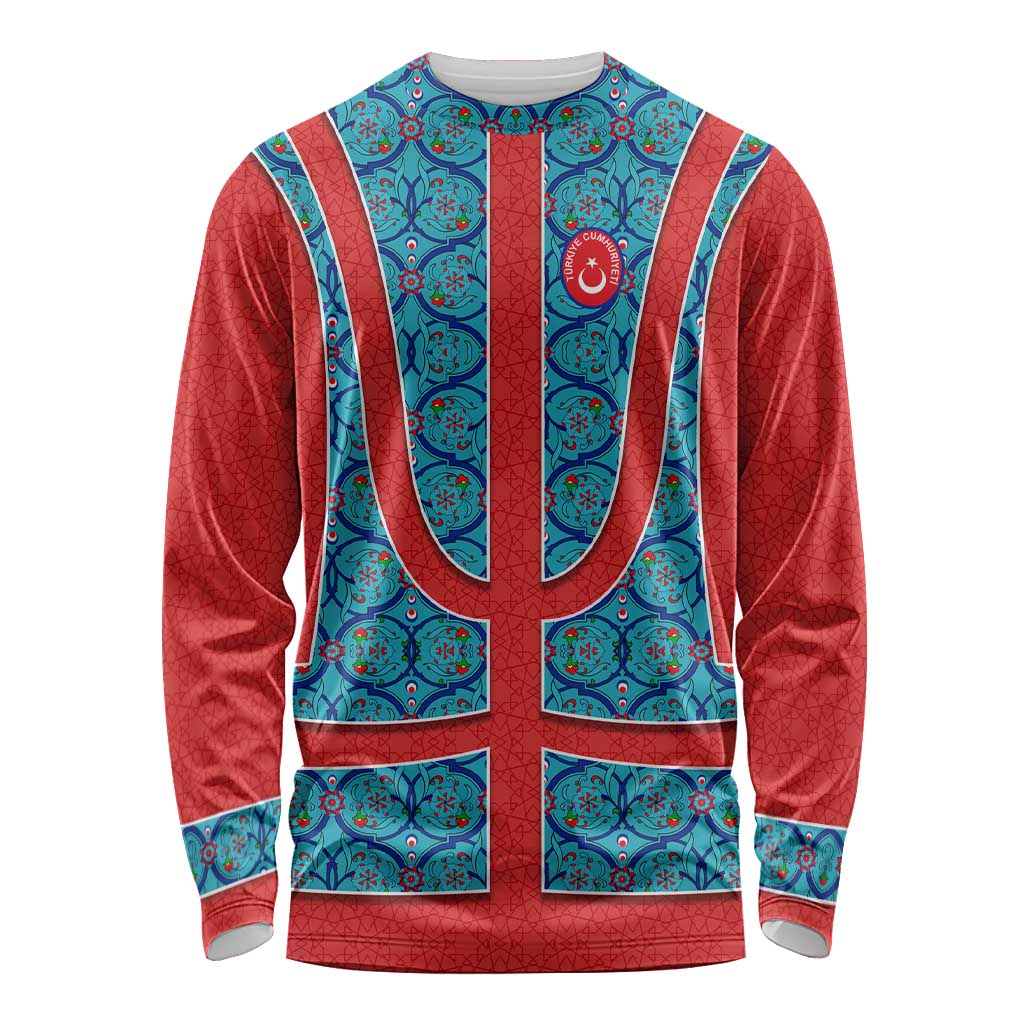 Blue Turkish Traditional Pattern and Red Long Sleeve Shirt with National Flag Emblem