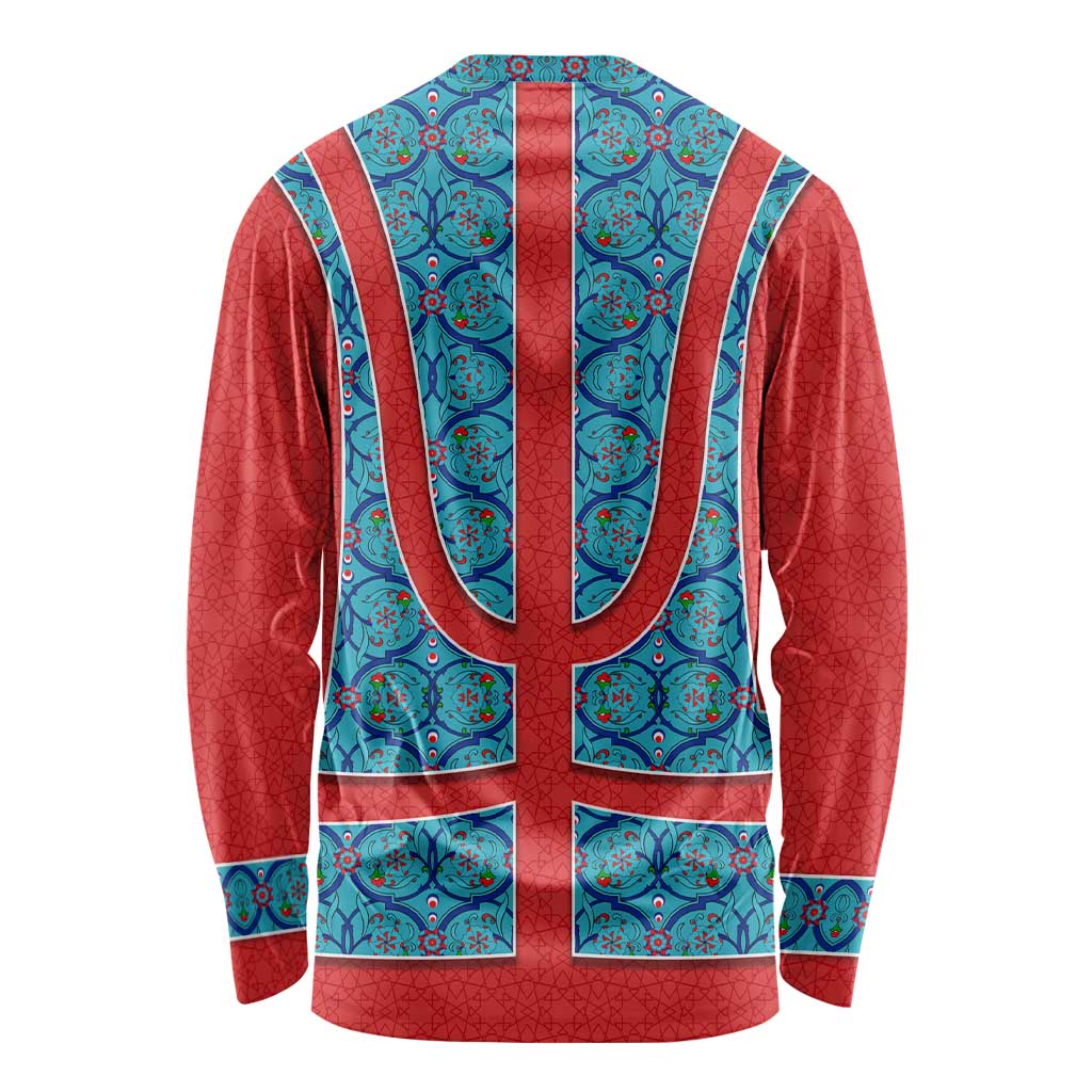 Blue Turkish Traditional Pattern and Red Long Sleeve Shirt with National Flag Emblem