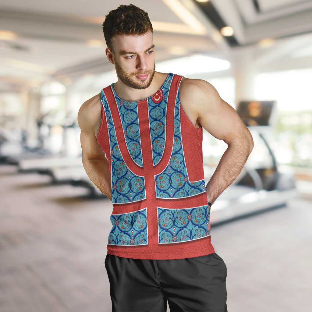 Blue Turkish Traditional Pattern and Red Men Tank Top with National Flag Emblem