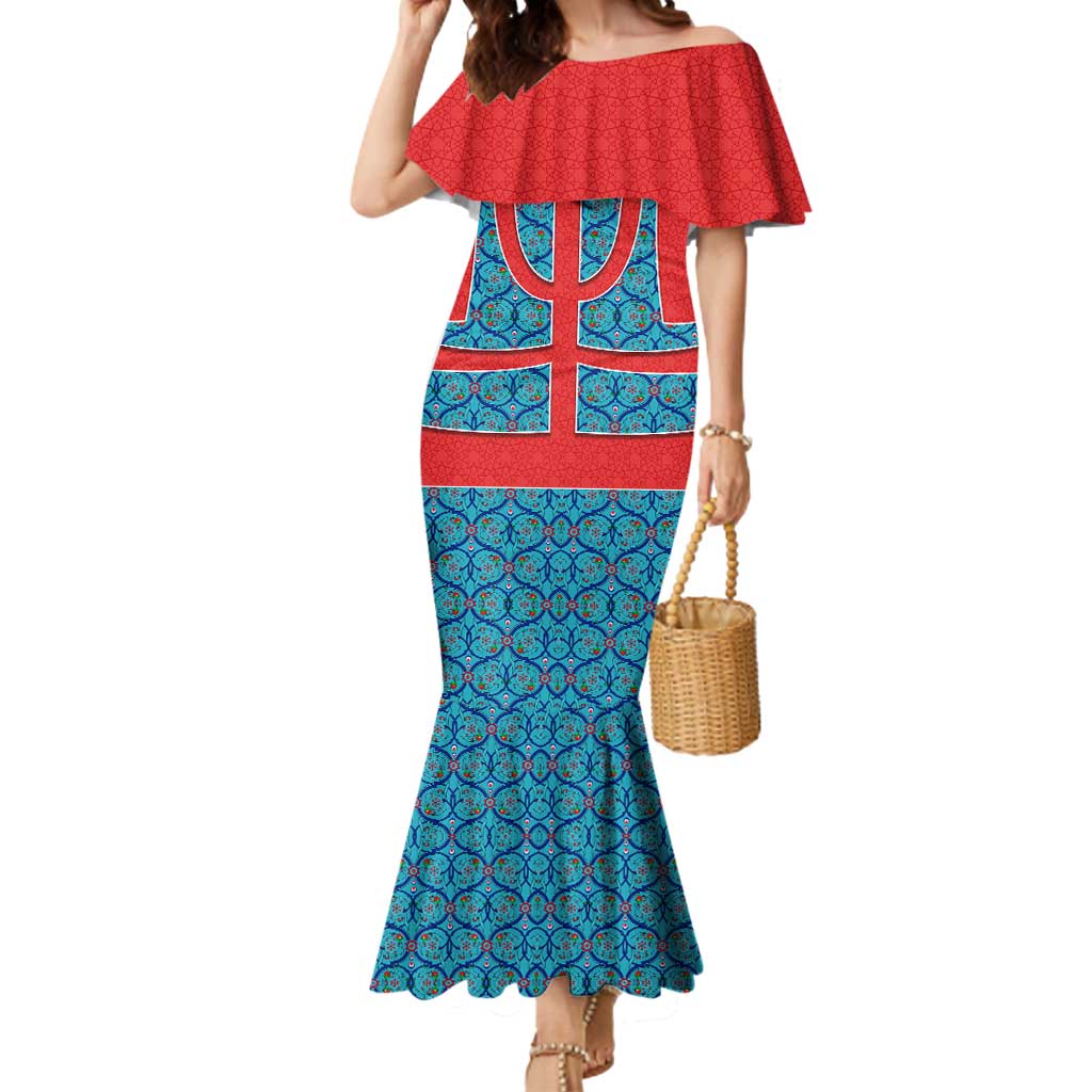 Blue Turkish Traditional Pattern and Red Mermaid Dress with National Flag Emblem