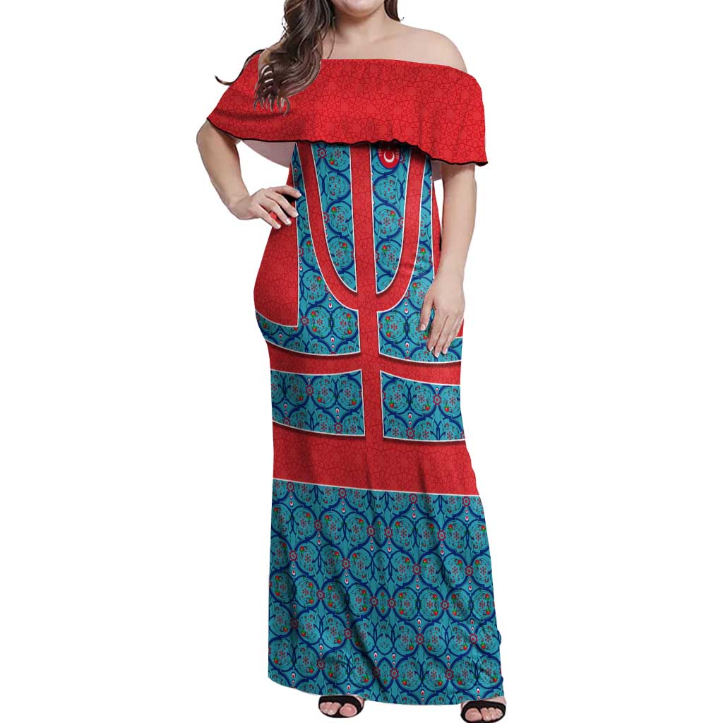 Blue Turkish Traditional Pattern and Red Off Shoulder Maxi Dress with National Flag Emblem