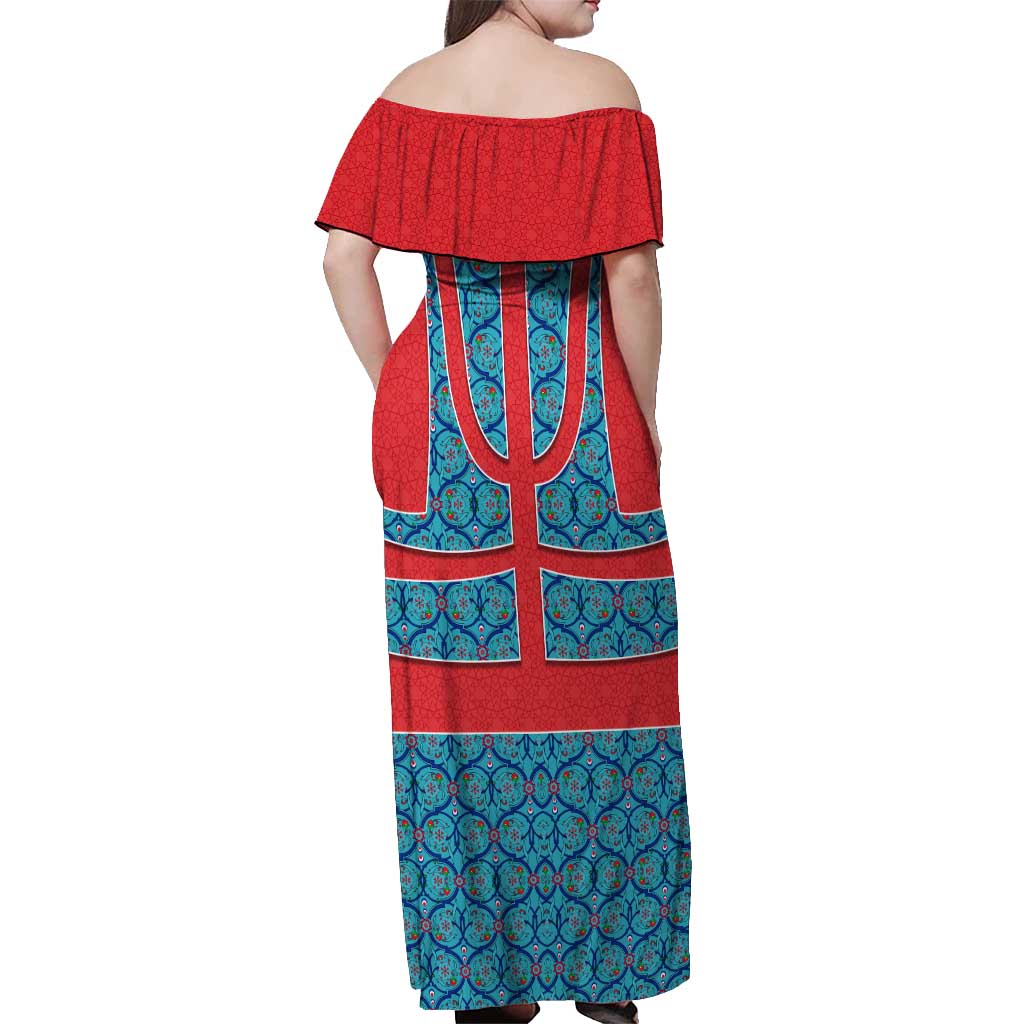 Blue Turkish Traditional Pattern and Red Off Shoulder Maxi Dress with National Flag Emblem