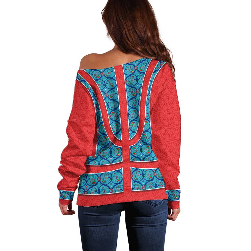 Blue Turkish Traditional Pattern and Red Off Shoulder Sweater with National Flag Emblem