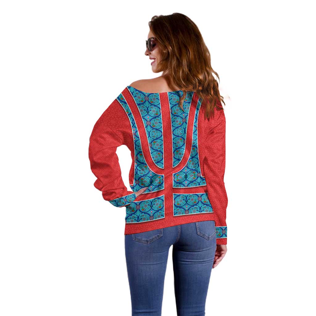 Blue Turkish Traditional Pattern and Red Off Shoulder Sweater with National Flag Emblem