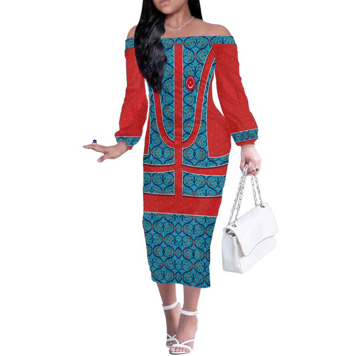 Blue Turkish Traditional Pattern and Red Off The Shoulder Long Sleeve Dress with National Flag Emblem