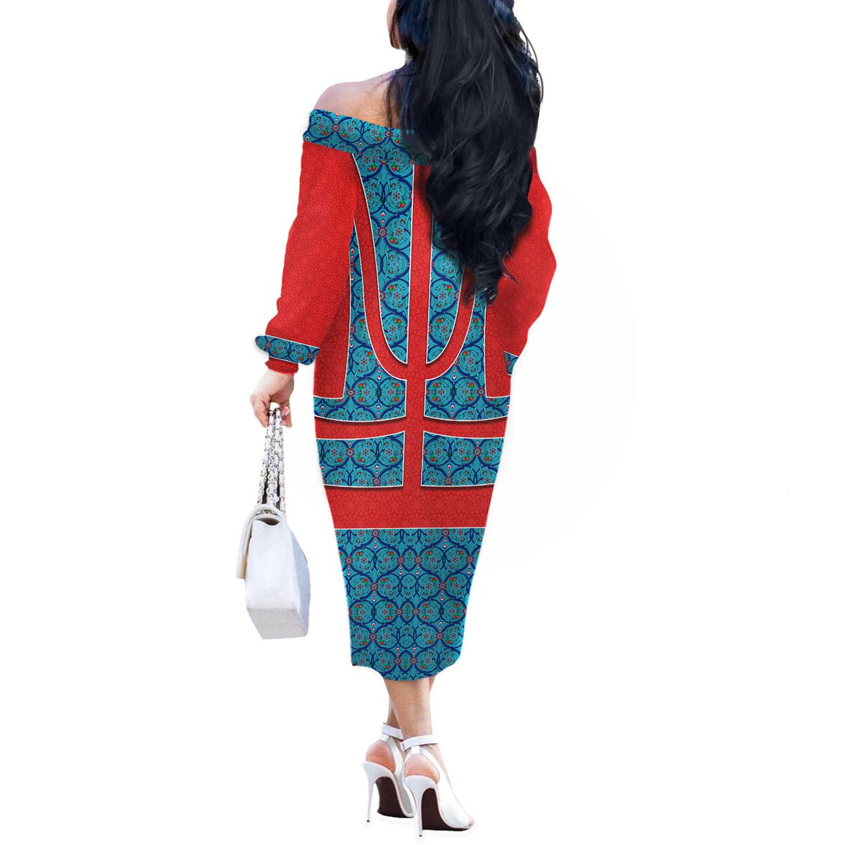 Blue Turkish Traditional Pattern and Red Off The Shoulder Long Sleeve Dress with National Flag Emblem
