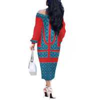 Blue Turkish Traditional Pattern and Red Off The Shoulder Long Sleeve Dress with National Flag Emblem