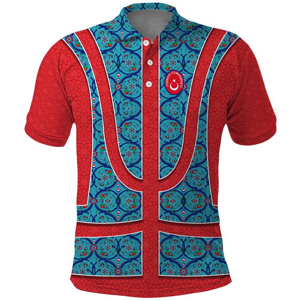 Blue Turkish Traditional Pattern and Red Polo Shirt with National Flag Emblem
