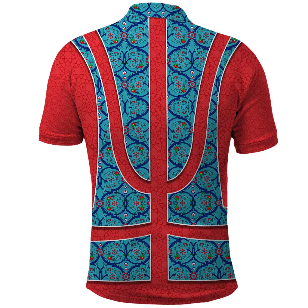 Blue Turkish Traditional Pattern and Red Polo Shirt with National Flag Emblem