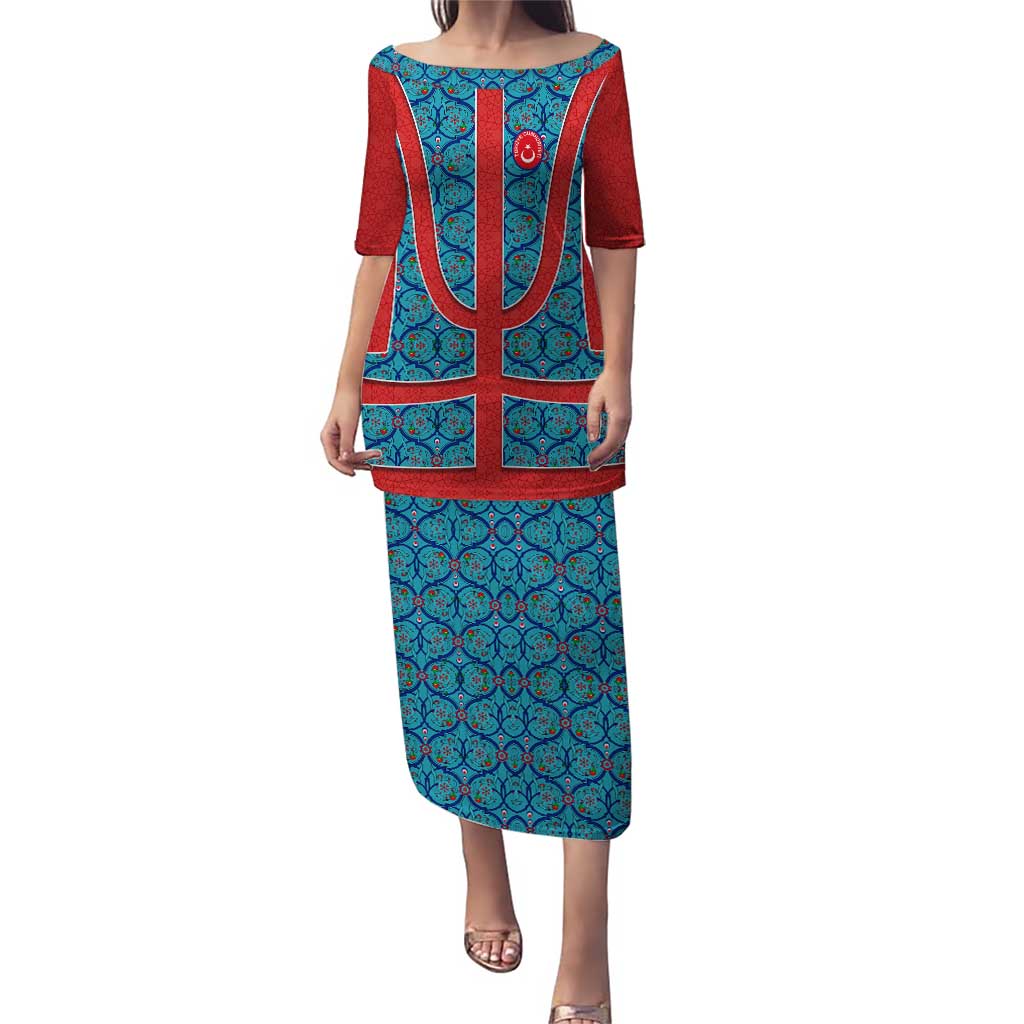Blue Turkish Traditional Pattern and Red Puletasi with National Flag Emblem