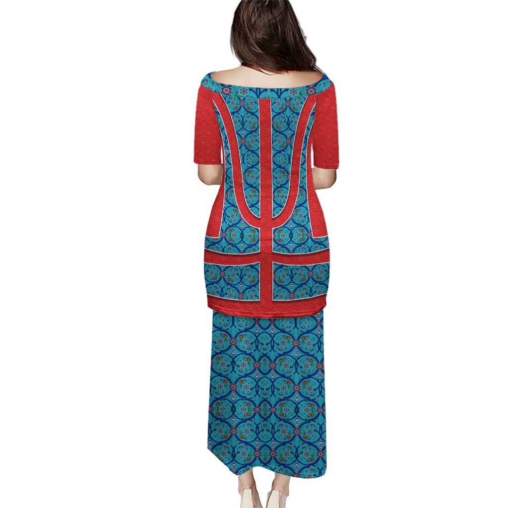 Blue Turkish Traditional Pattern and Red Puletasi with National Flag Emblem