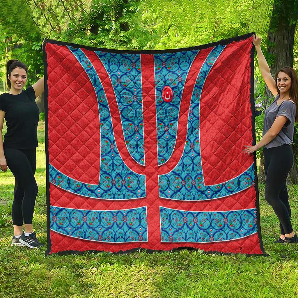Blue Turkish Traditional Pattern and Red Quilt with National Flag Emblem