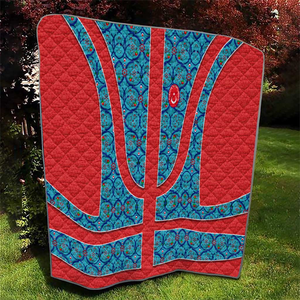 Blue Turkish Traditional Pattern and Red Quilt with National Flag Emblem