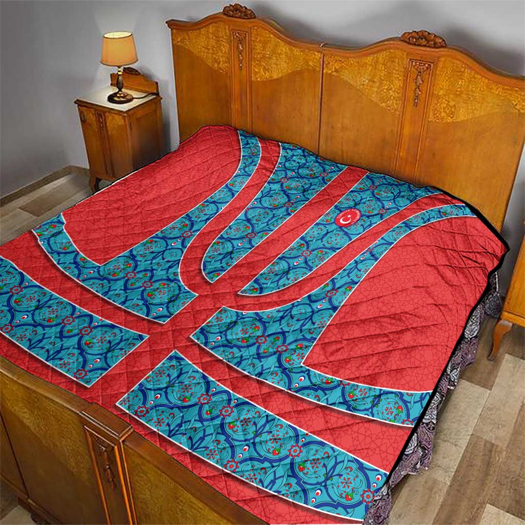 Blue Turkish Traditional Pattern and Red Quilt with National Flag Emblem