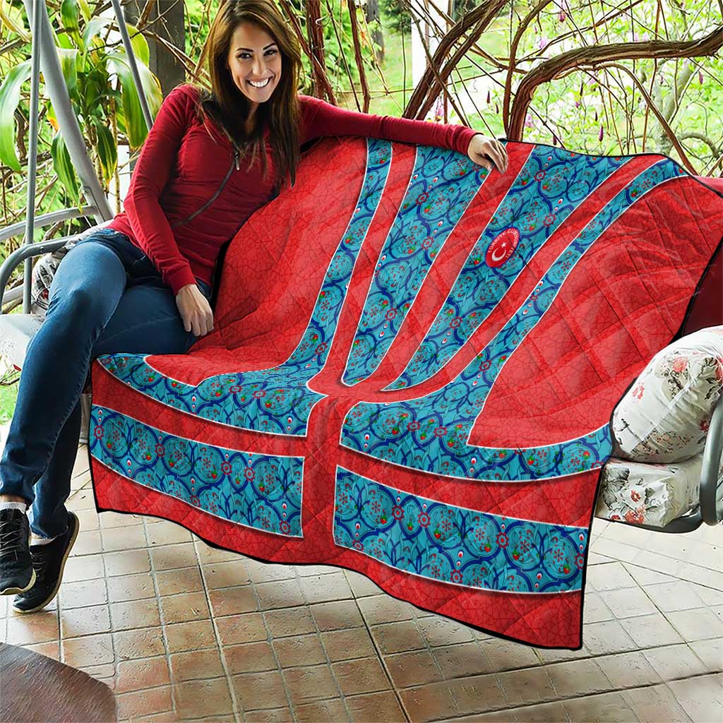 Blue Turkish Traditional Pattern and Red Quilt with National Flag Emblem