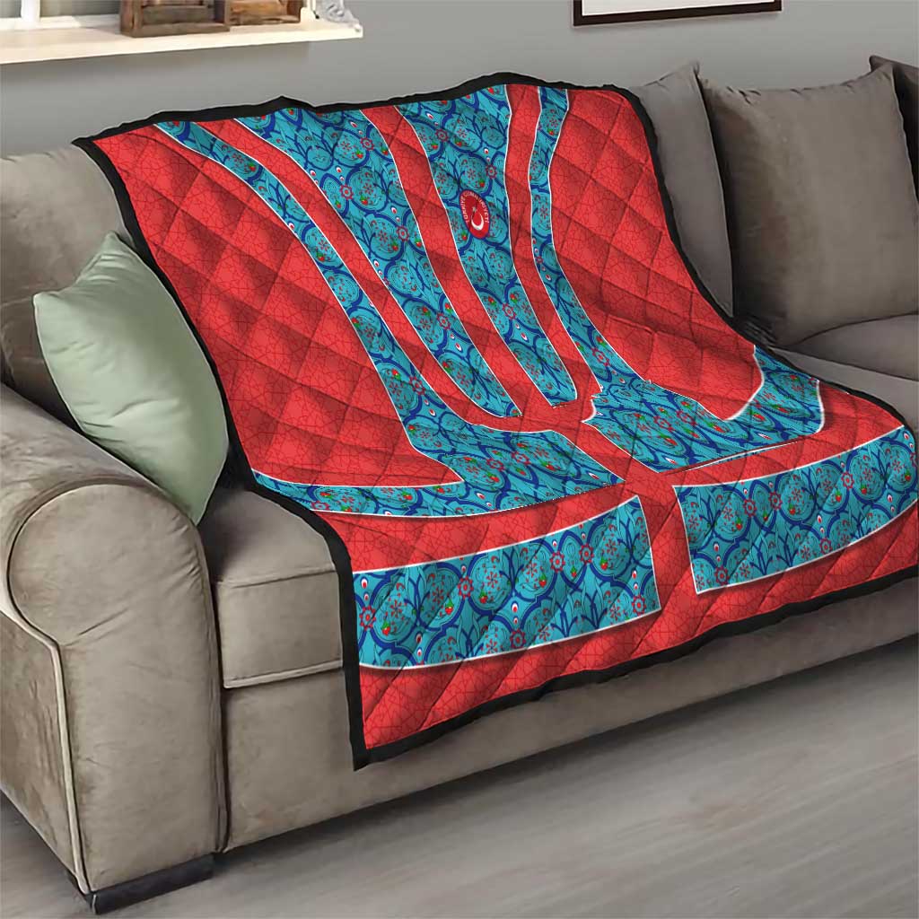 Blue Turkish Traditional Pattern and Red Quilt with National Flag Emblem