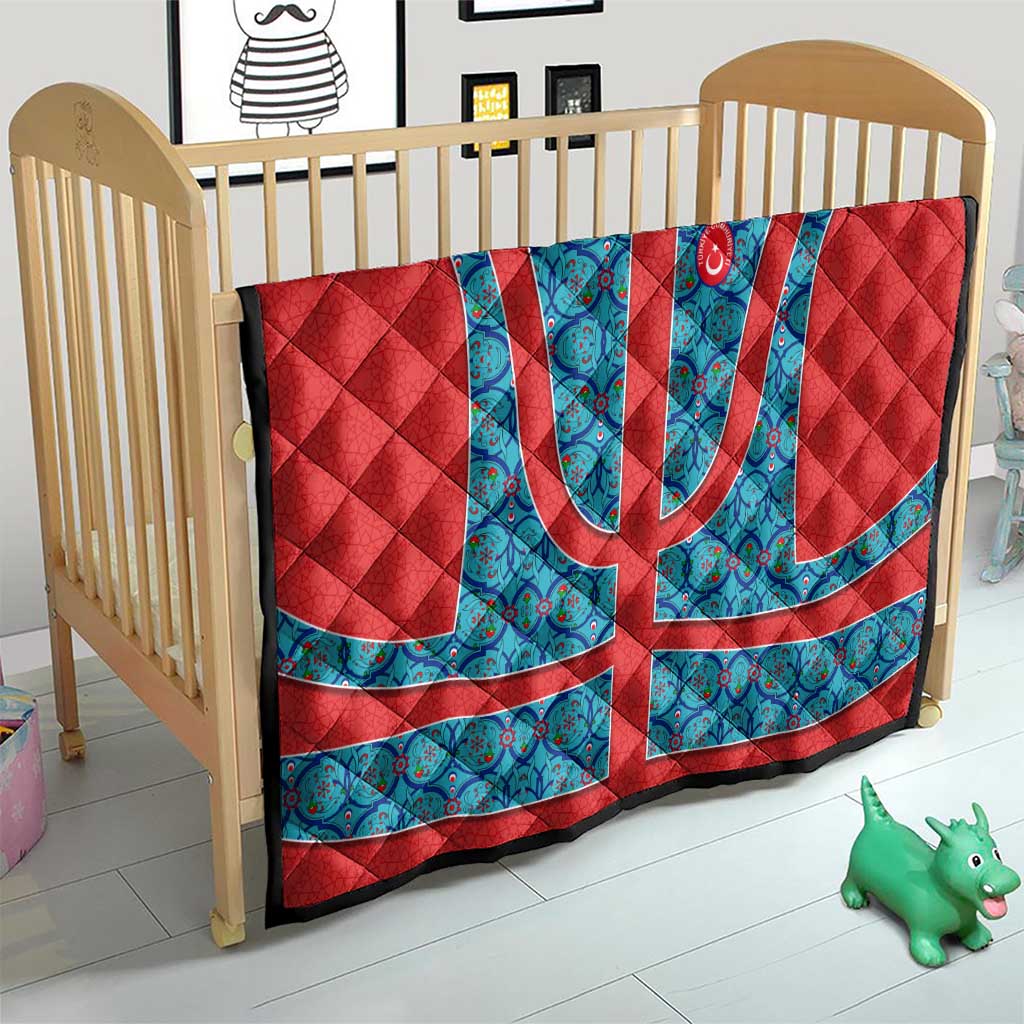 Blue Turkish Traditional Pattern and Red Quilt with National Flag Emblem