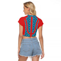 Blue Turkish Traditional Pattern and Red Raglan Cropped T Shirt with National Flag Emblem